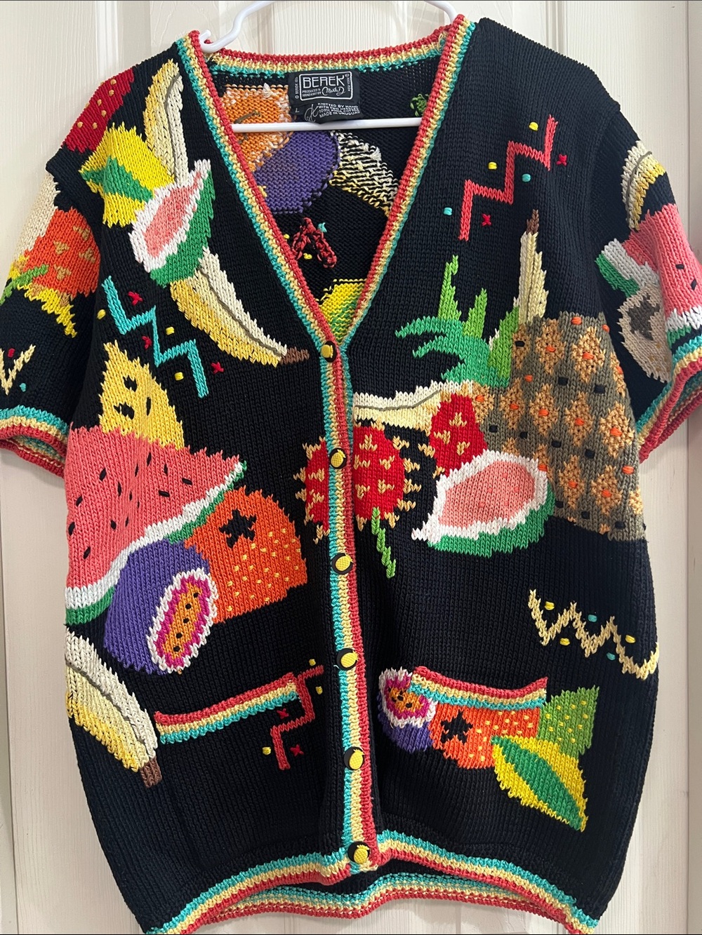 Berek Black Multi-Color Fruit-Print Knit Cardigan